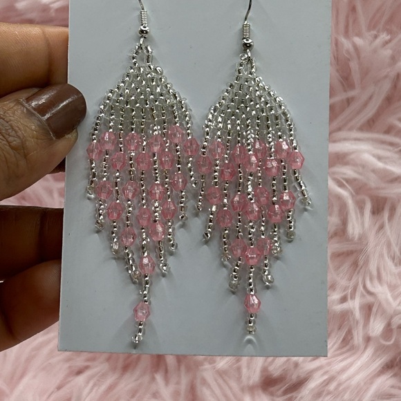 Silver & Pink Crystal Fringe Earrings - Picture 2 of 3